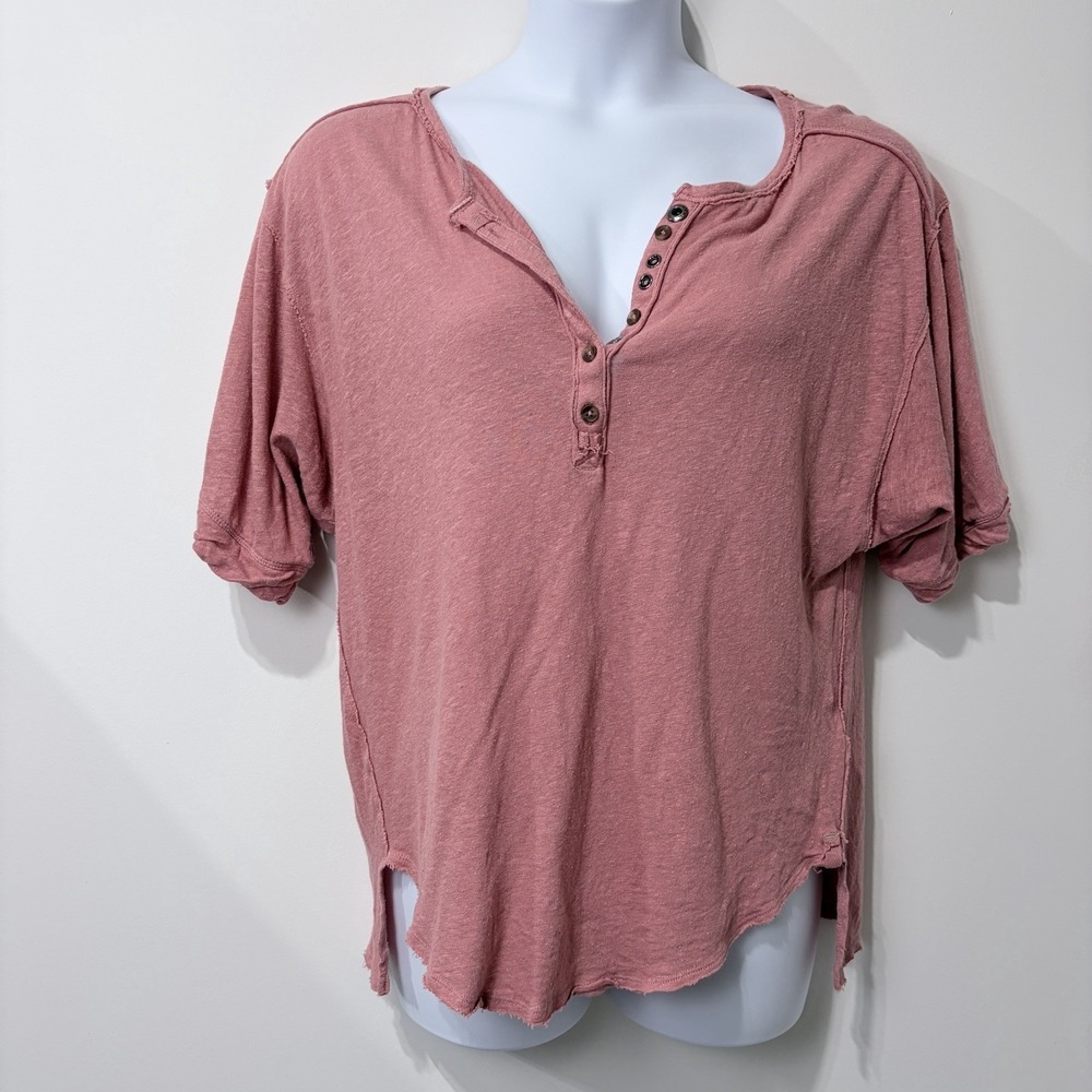 We‎ the Free People Maribell Henley Tee Linen Blend Oversized Rose Pink Sz M